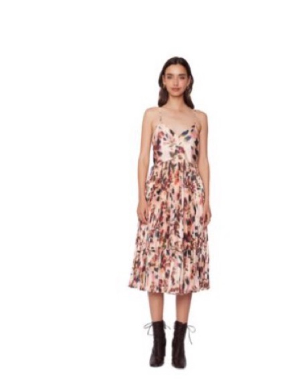 Lost + Wander Blush Floral Tiered Midi Dress with Spaghetti Straps